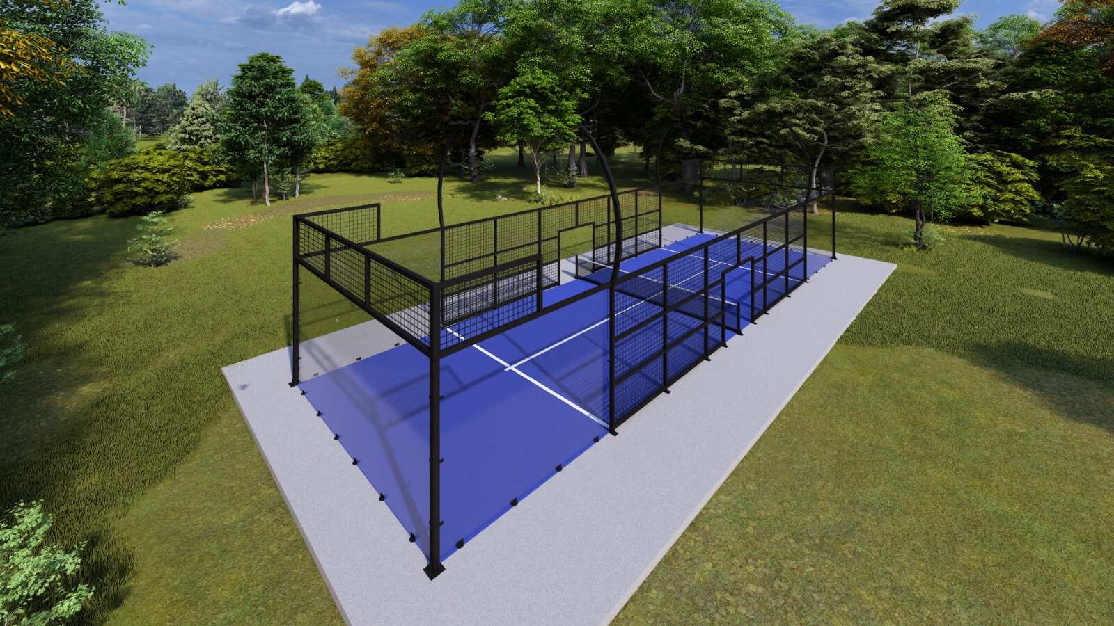 Single Panoramic Padel Court offers a compact 20x6 m design with strength and panoramic viewing