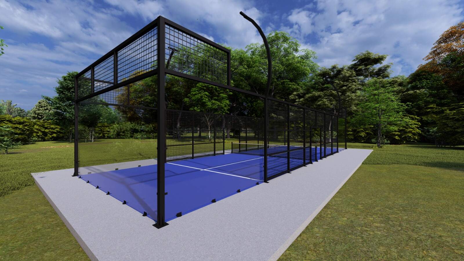 Single Panoramic Padel Court offers a compact 20x6 m design with strength and panoramic viewing