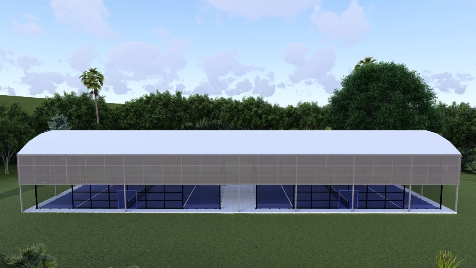 Unixpadel half-closed canopy: robust steel structure, wind-resistant design, UV-protected membrane, and sleek finish.