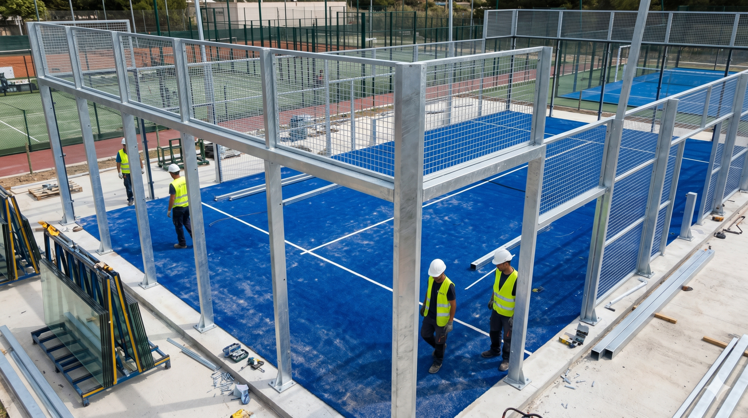 Galvanized steel framework assembly for professional padel court