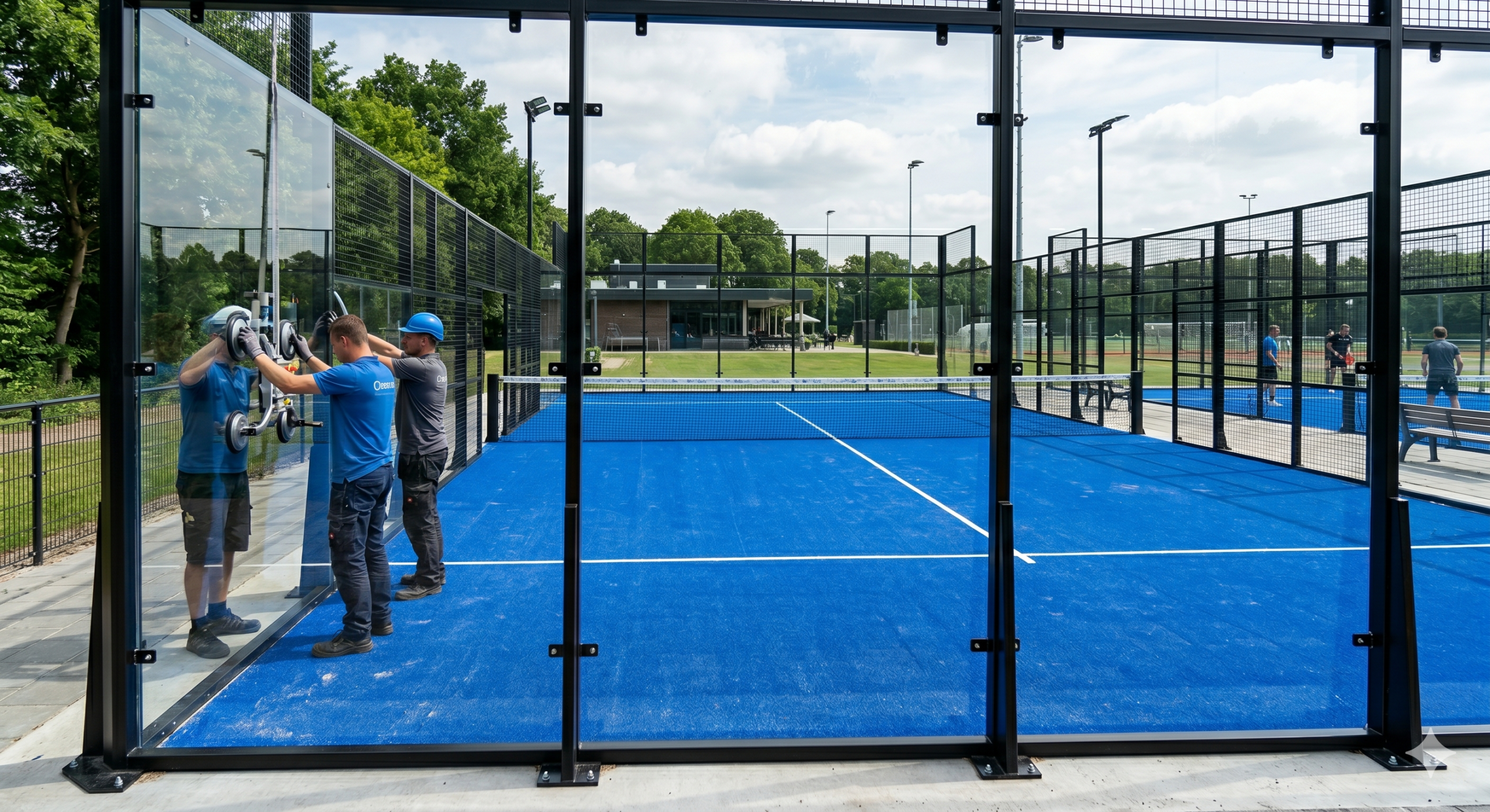 Premium tempered glass installation and blue artificial turf turf on padel court