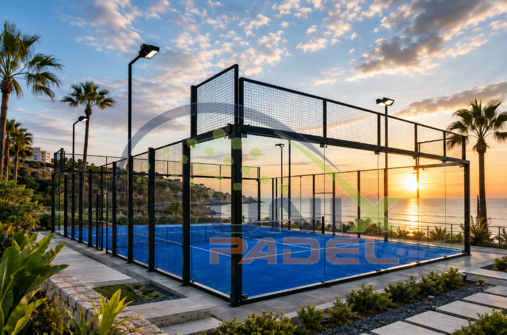 Engineered coastal padel courts installed near seaside locations