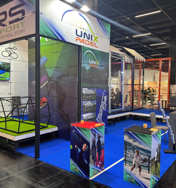 Unix Padel exhibition stand at FSB Cologne with panoramic padel court and branded display wall