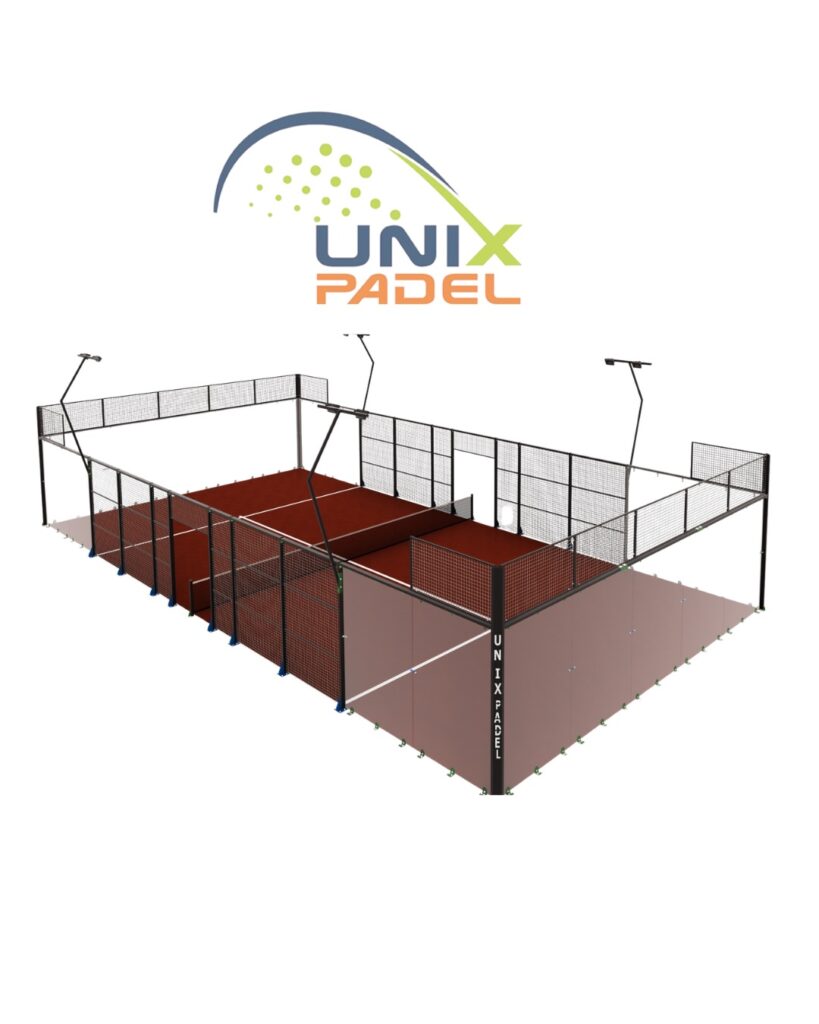 Technical 3D render diagram of a custom padel court system manufactured by Unixpadel